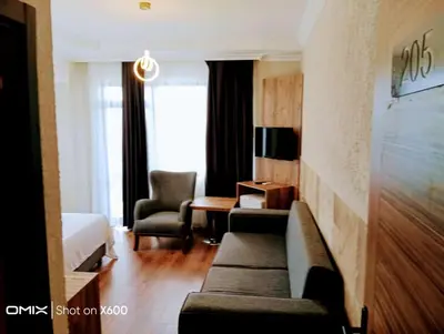 a hotel room with a bed and a desk and chair at Bayramoğlu Suite in Darıca