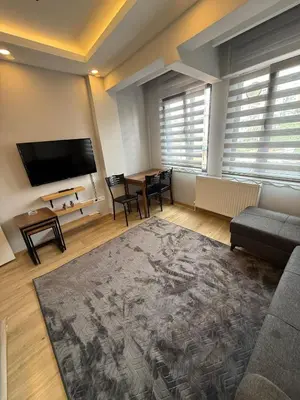 a living room with a couch and a tv and a table at AYD Apart Elmadağ Taksim in Istanbul