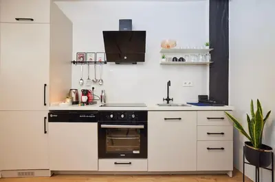 a kitchen with white cabinets and a black stove top oven at Stunning 2BR 1 Min Metro&Galata in Istanbul