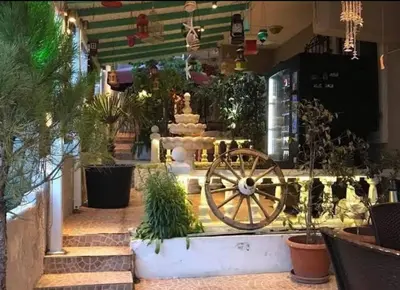 a fountain with a wheel in a room with plants at NO PROBLEM OTEL Pansiyon in Tekirdag