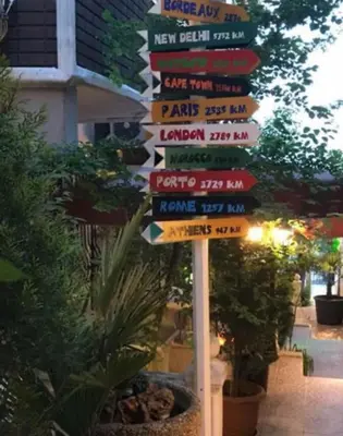 a street sign with many signs in different languages at NO PROBLEM OTEL Pansiyon in Tekirdag