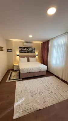 a bedroom with a large bed and a rug at Albatros suite in Istanbul