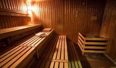 a sauna with two wooden benches in a room at Low Price Luxury Apartment Perfect for An Amazing stay In ISTANBUL in Istanbul