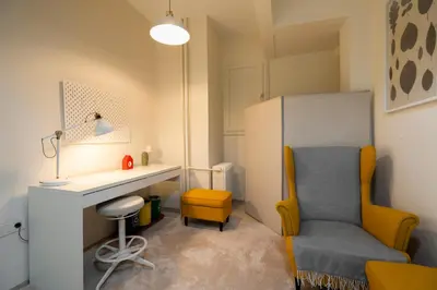 a small room with a desk and a chair at sevim suites Nişantaşı Center in Istanbul