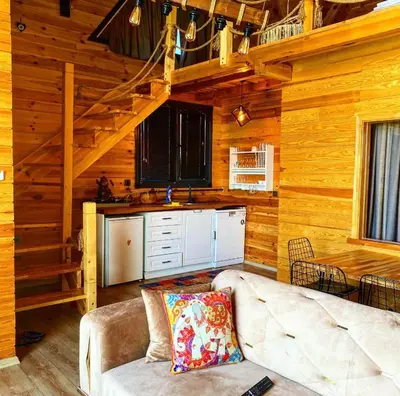 a living room with a couch in a cabin at papatya in Sapanca