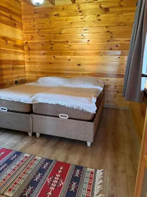 a bedroom with two beds in a wooden wall at papatya in Sapanca