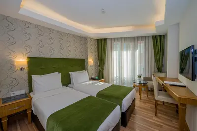 a hotel room with two beds and a desk at Bizim Hotel in Istanbul