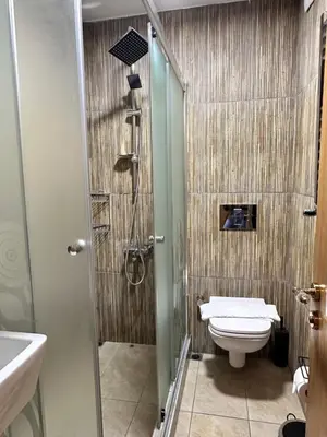 a bathroom with a shower and a toilet and a sink at taksim white family suites in Istanbul