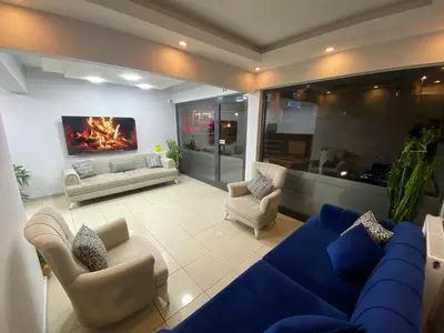 a living room with a blue couch and a fireplace at Pamir Butik Otel in Bursa