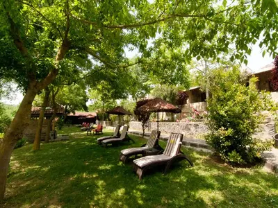 a group of park benches sitting in the grass at Fener Motel in Sile