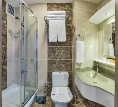a bathroom with a toilet and a shower and a sink at Alphonse Hotel in Istanbul