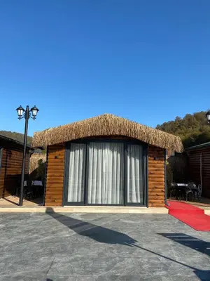 a small hut with a straw roof and a red carpet at King Pansiyon in Karamandere