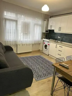 a living room with a couch and a kitchen at Üsküdar - Venüs home - Sakin Konaklama in Istanbul