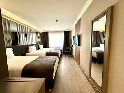 a hotel room with two beds and a mirror at Aven Hotel in Istanbul