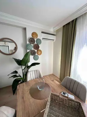 a dining room with a wooden table and a plant at Dublex roof top with AC, perfect location in Istanbul