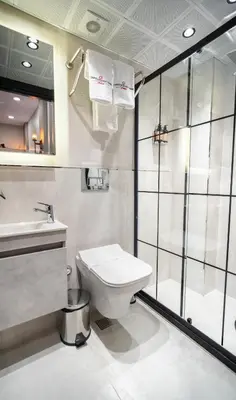 a bathroom with a toilet and a shower and a sink at Modernlux Hotel in Istanbul