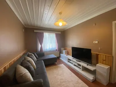a living room with a couch and a flat screen tv at Serbesler Botanik, No 2 Mini House in Sakarya