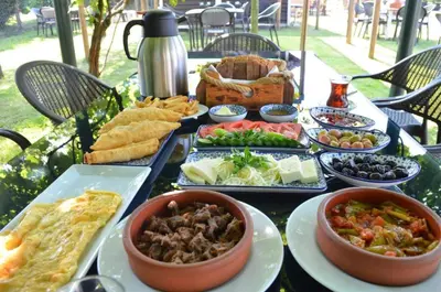 a table filled with different types of food on plates at Serbesler Botanik, No 2 Mini House in Sakarya