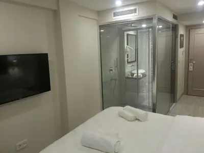 a bedroom with a bed and a tv and a shower at Perla Galata Hotel in Istanbul
