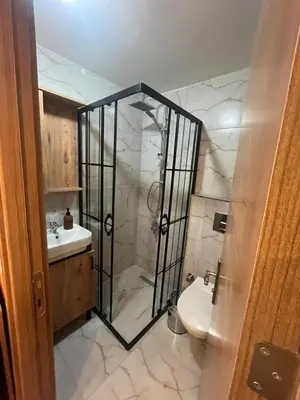 a bathroom with a shower with a toilet and a sink at Cemre Homes in Istanbul