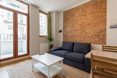 a living room with a couch and a brick wall at Lovely and Snug Flat, Just Steps from Istiklal Street in Istanbul
