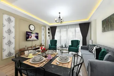 a living room with a table and a couch at Space Apartments in Istanbul