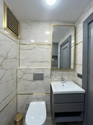 a bathroom with a sink and a toilet and a mirror at Ruzi's House in Istanbul