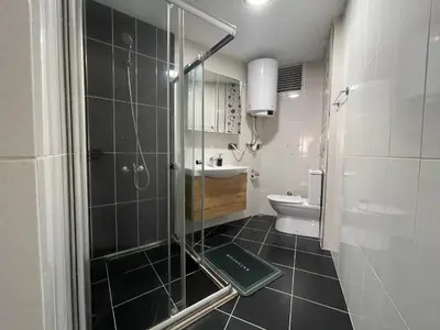 a bathroom with a shower and a sink and a toilet at Family House in Istanbul