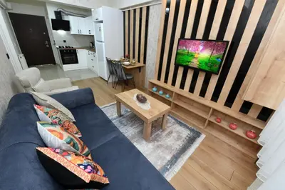 a living room with a blue couch and a tv at Bomonti Apartments in Istanbul