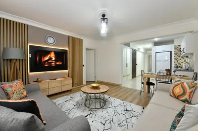a living room with a couch and a fireplace at Bomonti Apartments in Istanbul