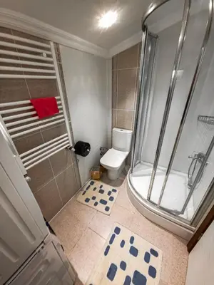a small bathroom with a shower and a toilet at Uludag Tatil Evleri & Villa Dogus Uludağ in Bursa