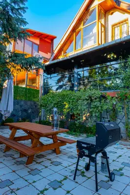 a picnic table and a grill in front of a house at Uludag Tatil Evleri & Villa Dogus Uludağ in Bursa