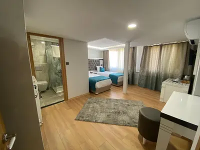 a living room with a bed and a room with a mirror at Maritime Boutique Hotel in Istanbul