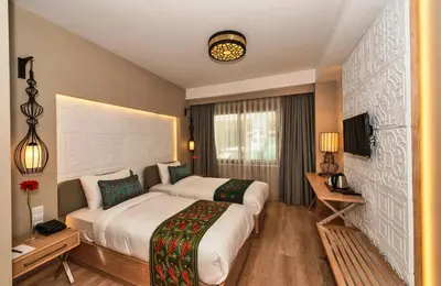 a hotel room with two beds and a television at Aybar Hotel & Spa in Istanbul