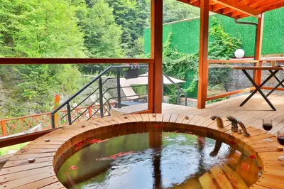 a large pool of water on a wooden deck at Lal Hayal Konakları in Sapanca