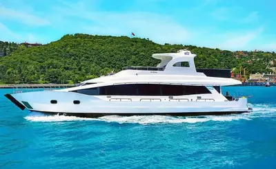 a large white boat in the water with a hill at Albaker Tour VIP Yacht in Istanbul