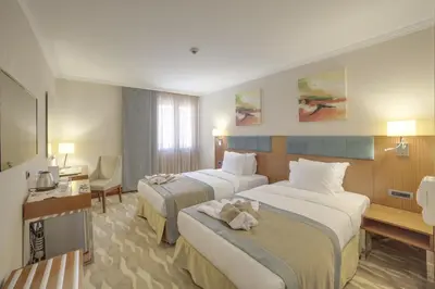 a hotel room with two beds and a television at Lamec Hotel Business in Gebze