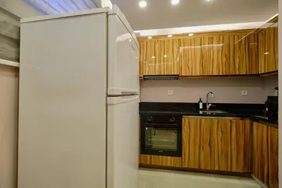 a white refrigerator in a kitchen with wooden cabinets at Private Apartment at Beylikdüzü nearly to E5 2 in Beylikduzu