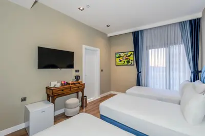 a hotel room with two beds and a television at Nenessa Airport Hotel in Arnavutköy