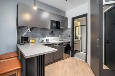 a kitchen with a sink and a washer and dryer at Urban Quarters - Firuzağa in Istanbul