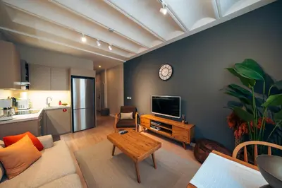 a living room with a couch and a tv on a wall at Galata Guest Teori in Istanbul
