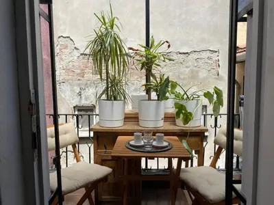 a table with potted plants on a balcony at Balat Boutique Hotel in Istanbul