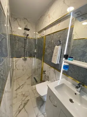 a bathroom with a sink and a shower and a toilet at Martin City Hotel in Bursa