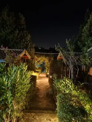 a walkway through a garden at night at Çakıl Restoran ve Bungolov in Silivri