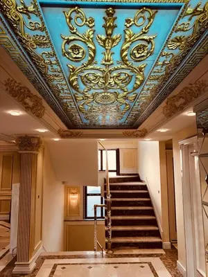 a room with a blue and gold ceiling and stairs at Montana butik pansiyon in Sapanca