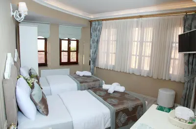 a hotel room with two beds and a television at Kadi Konagi Thermal Hotel in Bursa