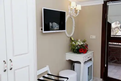 a living room with a tv on a wall at Kadi Konagi Thermal Hotel in Bursa