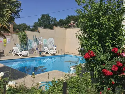 a swimming pool with two lawn chairs and flowers at Nerry's Garden İzmit - Camellia in Izmit