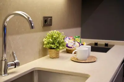 a kitchen counter with two cups and flowers on it at Khalkedon Suites in Istanbul