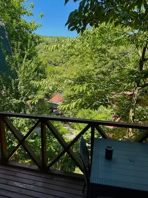 a bench on a deck with a view of a mountain at Şifaköy Bungalov in Sapanca